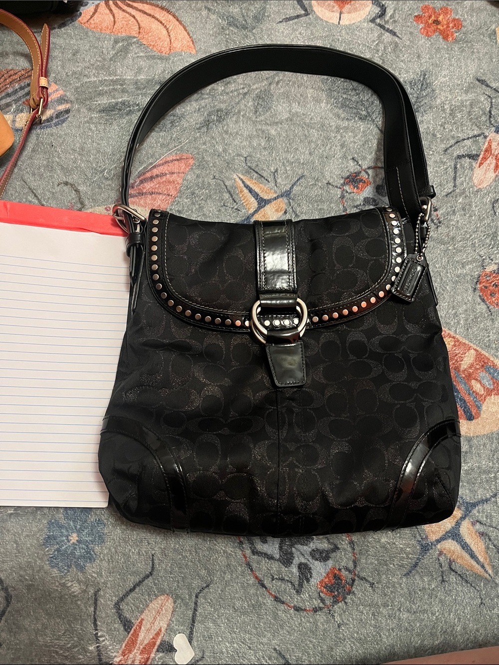 Coach Black Signature Canvas Shoulder Bag with Stud Trim